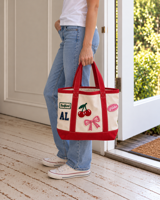 Woman carrying a custom patch tote bag, a corporate gift idea