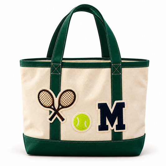 Natural and green monogrammed tote with tennis rackets and tennis ball patches, a Greenwich gift idea