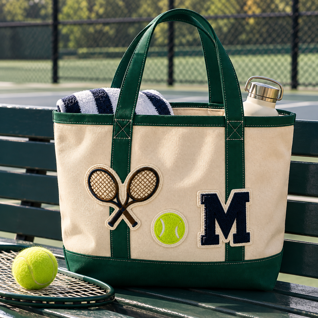 Monogrammed green canvas tote bag with tennis rackets, tennis ball and navy letter M patches