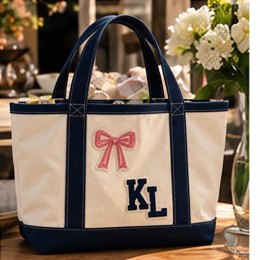 Monogrammed tote bag with navy KL letter patches and a pink bow patch