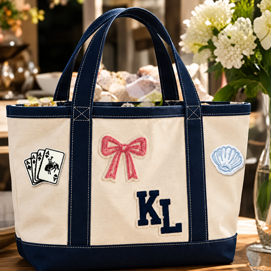Natural & Navy patch tote bag with four aces, pink bow, seashell and KL monogram patches