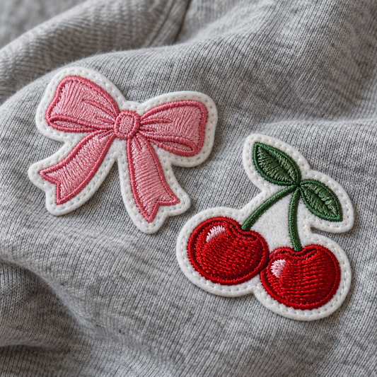 Close-up of pink bow and red cherries patches placed on a heather grey sweatshirt
