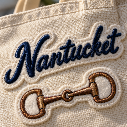 Close-up of Nantucket script and horse bit embroidered patches, a custom gift idea