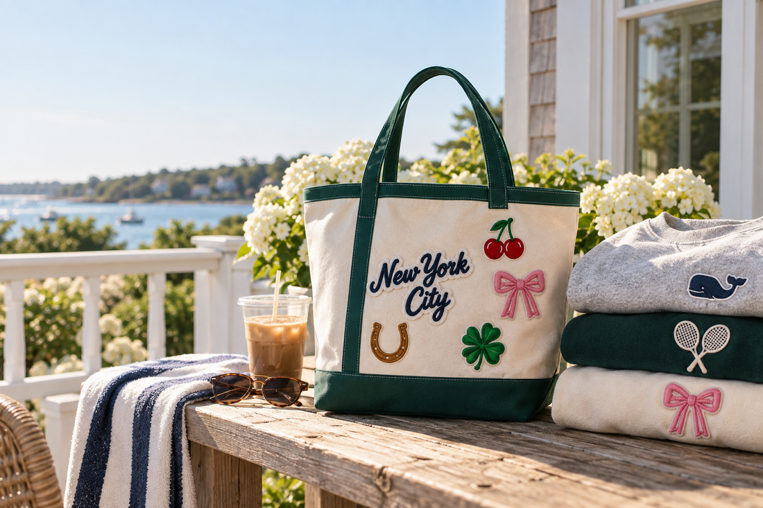 Custom patch tote bag and patched sweatshirts on a coastal porch, holiday gift ideas