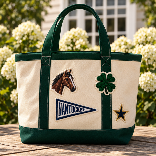 Custom canvas tote bag in natural and green with horse, Nantucket pennant, clover and star patches