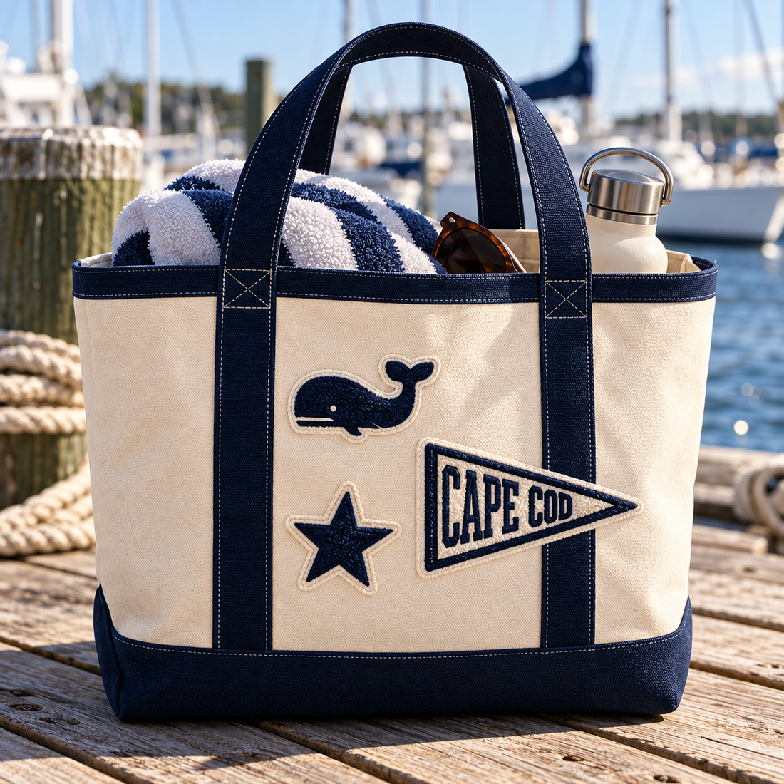 Custom canvas bag with whale, star and Cape Cod patches
