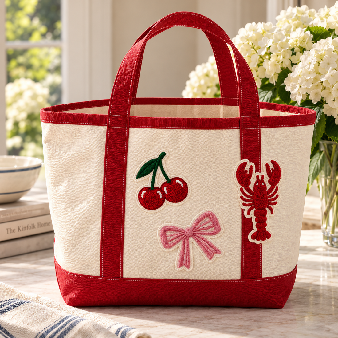 Natural and red canvas tote bag with cherries, pink bow and lobster embroidered patches