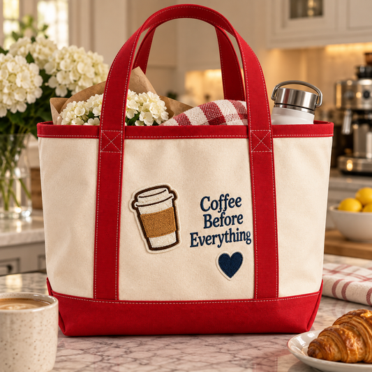 Natural and red personalized tote with coffee patches in a sunny kitchen, a birthday gift for her