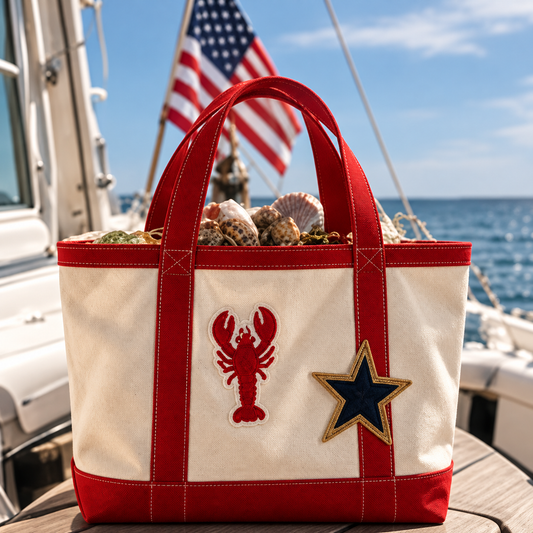 Natural and red canvas tote with lobster and star patches on a sailboat, a graduation gift idea