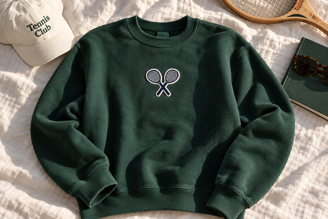 Green tennis club crewneck sweatshirt with a crossed tennis rackets patch