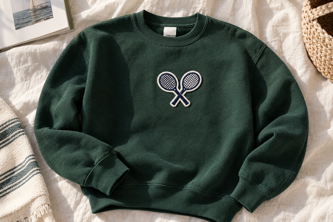 Custom forest green crewneck sweatshirt with a tennis rackets patch, laid flat