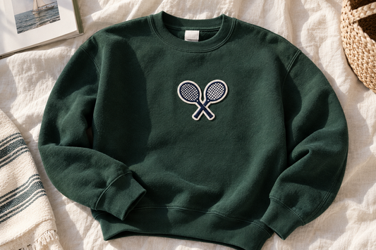 Hunter green crewneck sweatshirt with a tennis rackets patch, custom team spirit wear