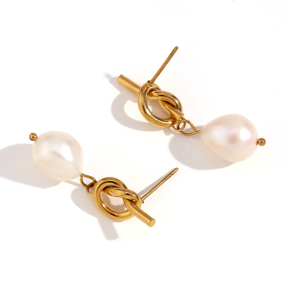 Stainless Steel 18K Gold Plating Knotted Button Freshwater Pearl Ear Studs