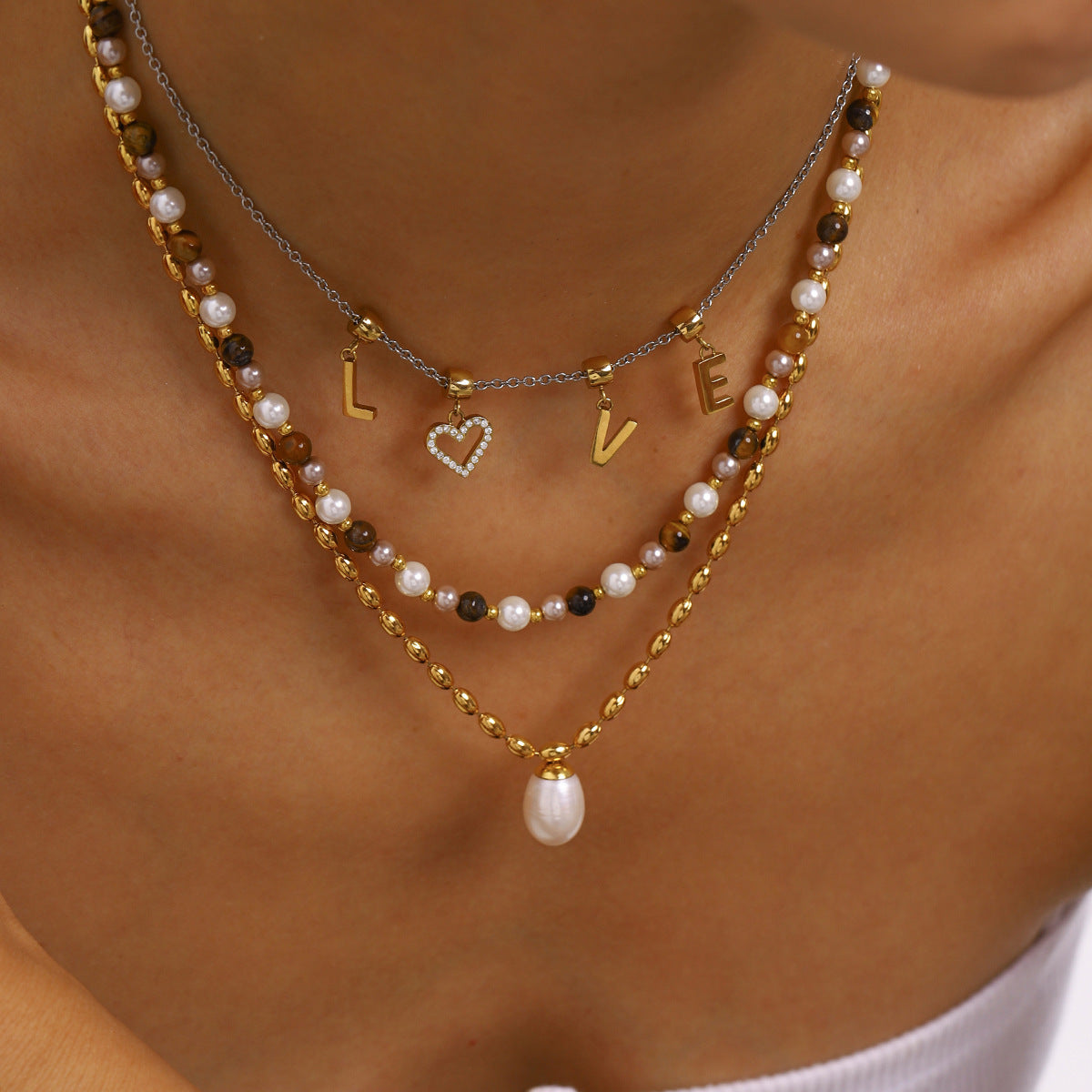 Stainless Steel Freshwater Pearl Tiger Eye Stone Pendant Bead Necklace