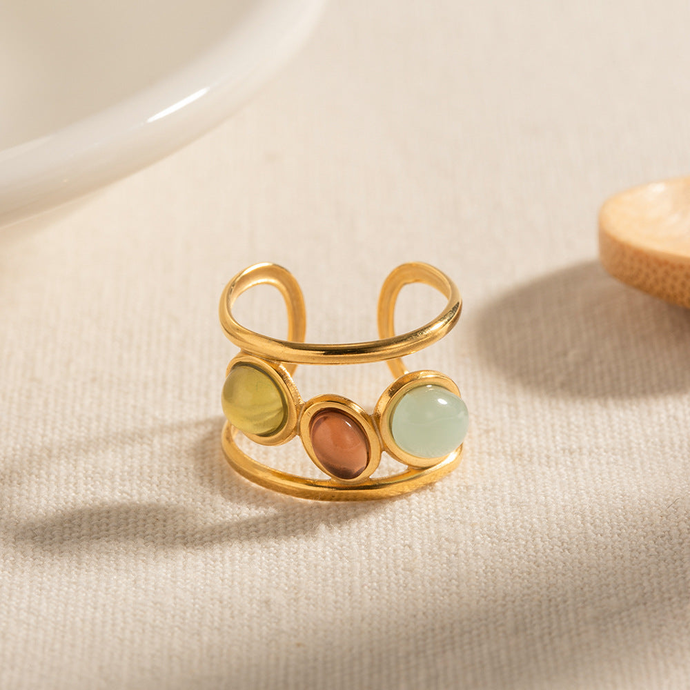 Stainless Steel Gold-plated Adjustable Tricolor Natural Stone Ring