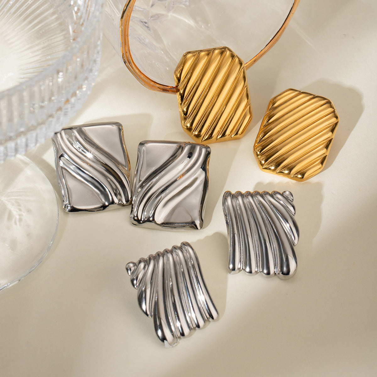 Trendy 18K Gold Stainless Steel Cube Wave Earrings