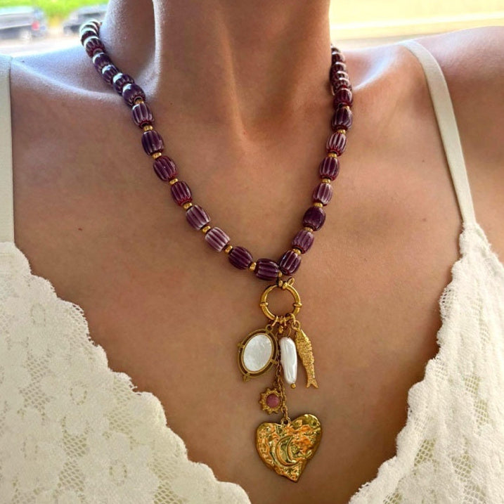 Stainless Steel Heart-shaped Small Fish White Bedo Pendant Autumn And Winter Brown Ceramic Women's Necklace