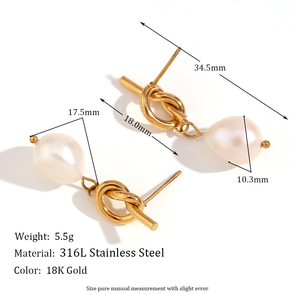 Stainless Steel 18K Gold Plating Knotted Button Freshwater Pearl Ear Studs