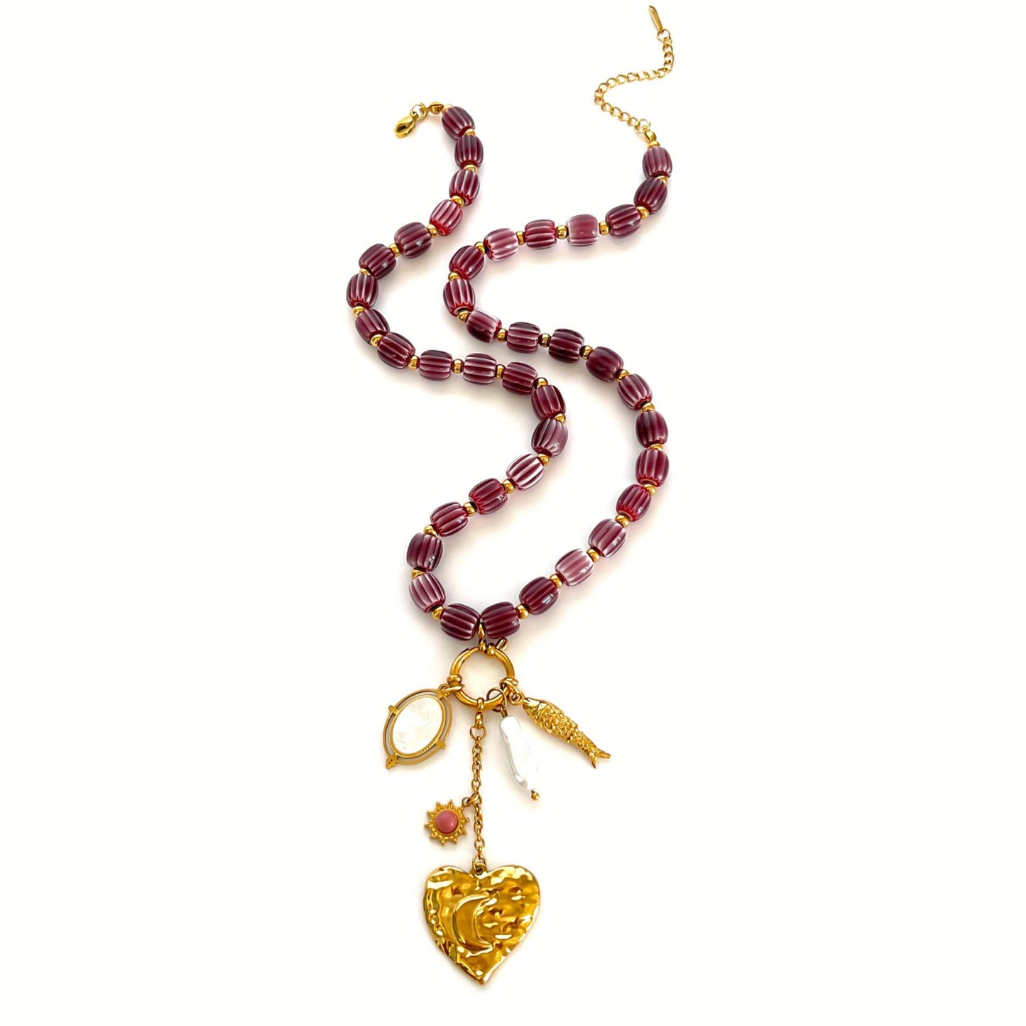 Stainless Steel Heart-shaped Small Fish White Bedo Pendant Autumn And Winter Brown Ceramic Women's Necklace