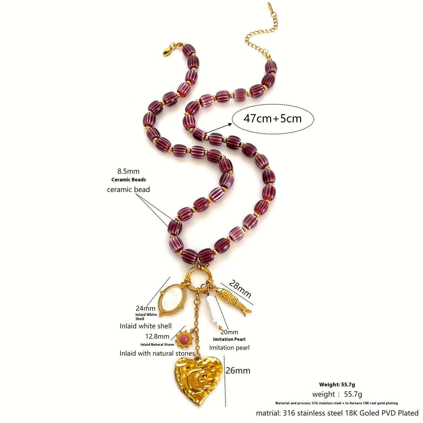 Stainless Steel Heart-shaped Small Fish White Bedo Pendant Autumn And Winter Brown Ceramic Women's Necklace