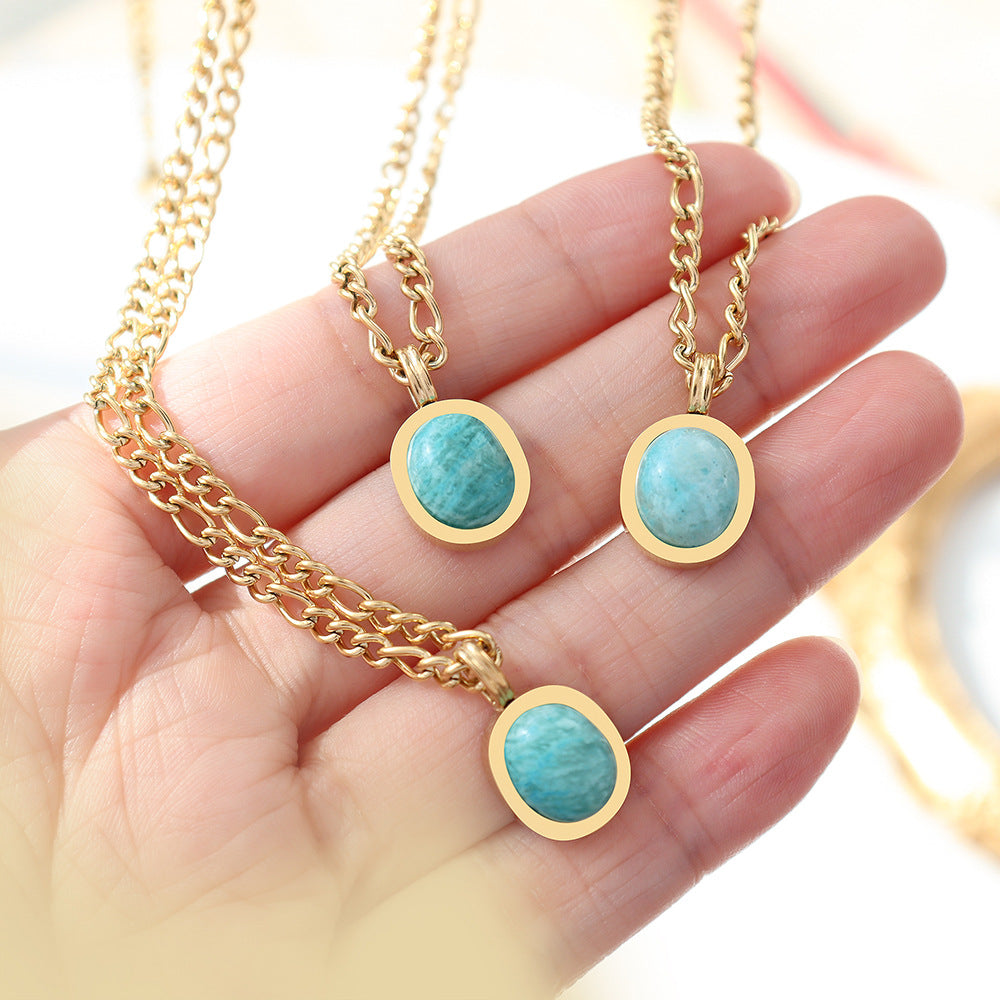 French Gold Plated Titanium Steel Necklace For Women Natural Amazonite Pendant Clavicle Chain Party Jewelry