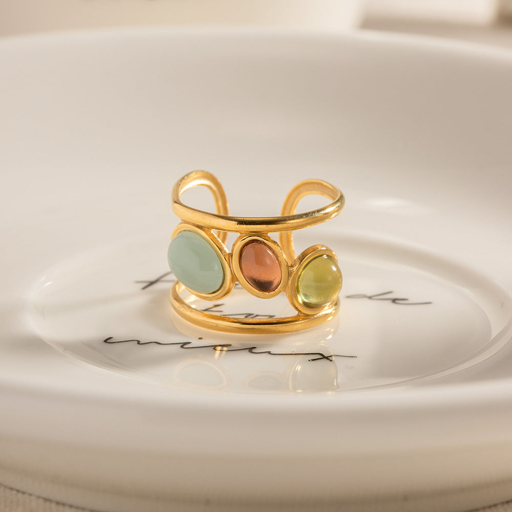 Stainless Steel Gold-plated Adjustable Tricolor Natural Stone Ring