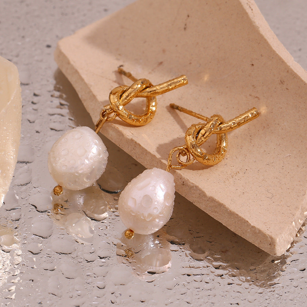 Stainless Steel 18K Gold Plating Knotted Button Freshwater Pearl Ear Studs