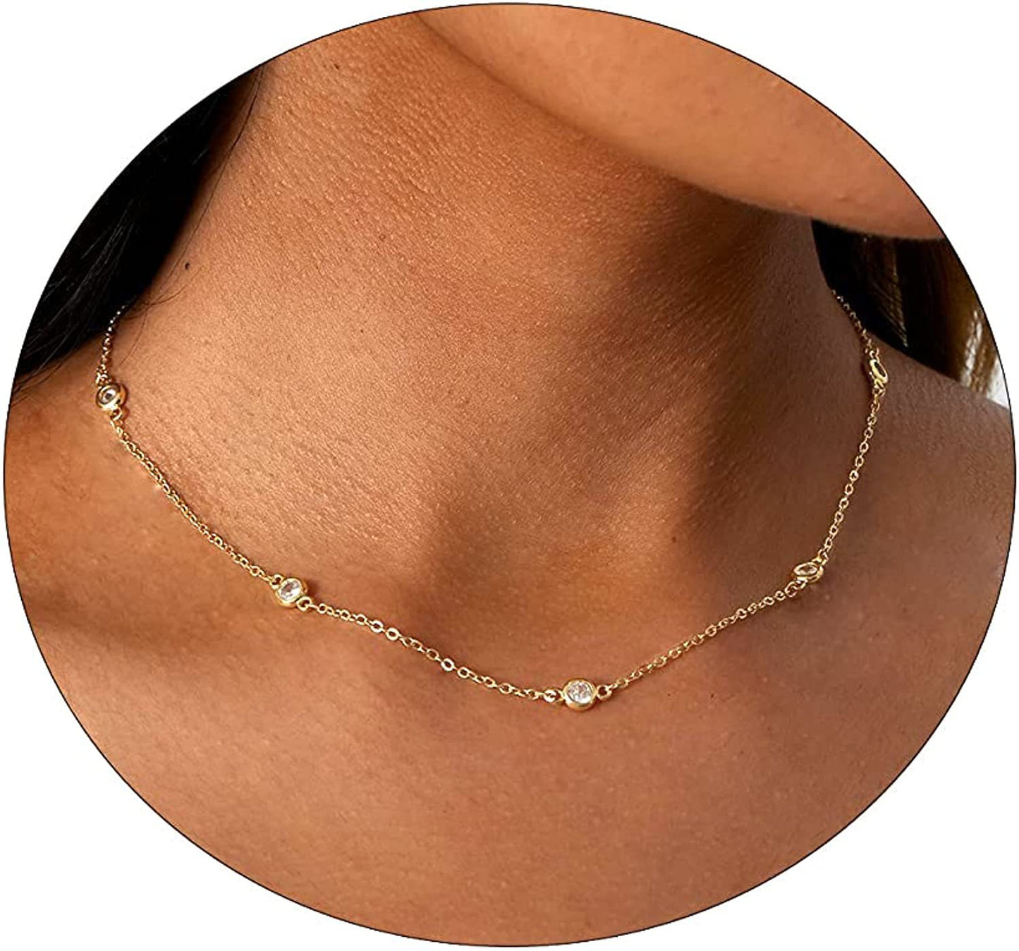 Dainty CZ Pendant Necklace For Women - Layered Gold & Silver Choker, Simple Trendy Cubic Zirconia Jewelry Gift