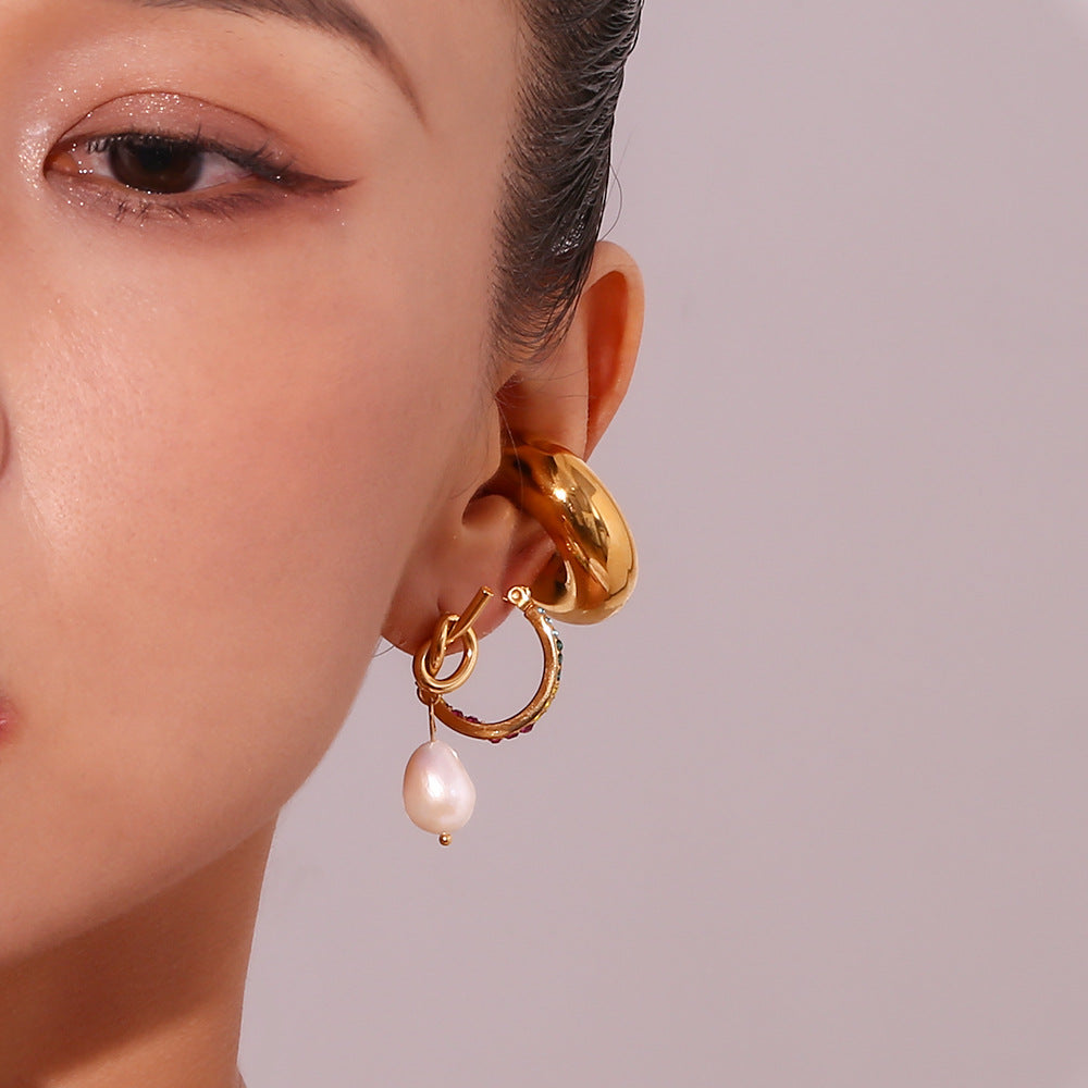 Stainless Steel 18K Gold Plating Knotted Button Freshwater Pearl Ear Studs