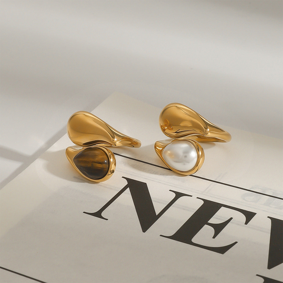 Versatile Fashionable Waterdrop-Inlaid Pearl Stainless Steel Open Ring