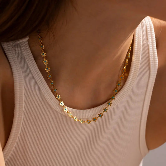 Gold Blue With Flowers Drop Oil Necklace Titanium Steel