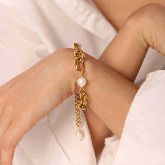 Gold Plated Stainless Steel Pearl 12mm Oval Bracelet