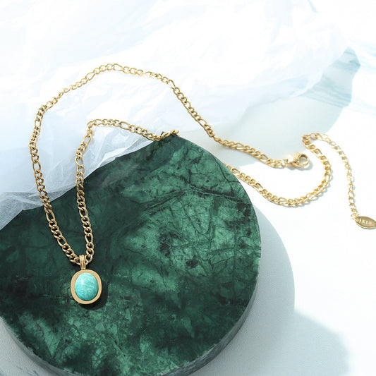 French Gold Plated Titanium Steel Necklace For Women Natural Amazonite Pendant Clavicle Chain Party Jewelry
