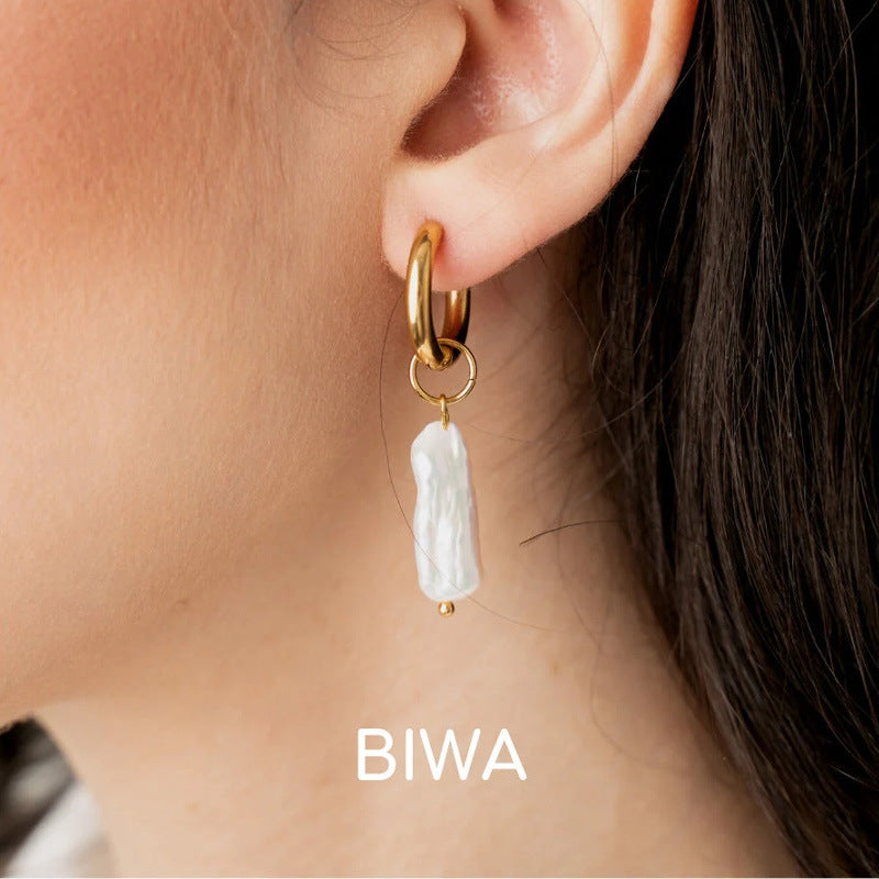 Stylish 18K Gold Stainless Steel Pearl Pendant Earrings
