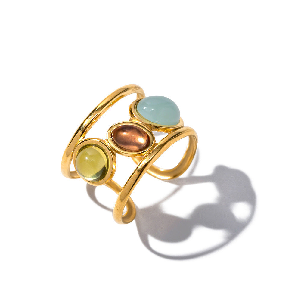 Stainless Steel Gold-plated Adjustable Tricolor Natural Stone Ring