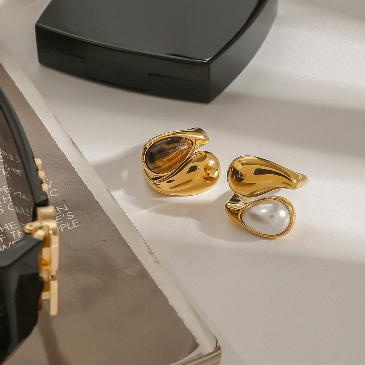 Versatile Fashionable Waterdrop-Inlaid Pearl Stainless Steel Open Ring