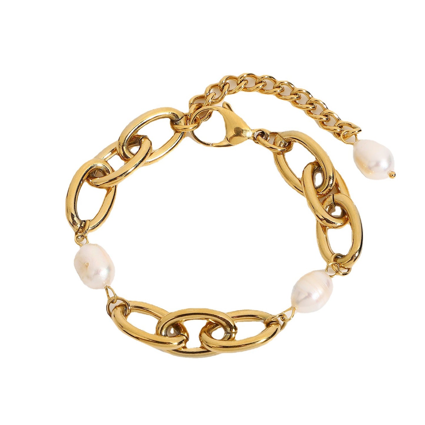 Gold Plated Stainless Steel Pearl 12mm Oval Bracelet