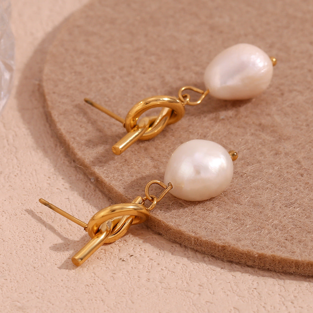 Stainless Steel 18K Gold Plating Knotted Button Freshwater Pearl Ear Studs