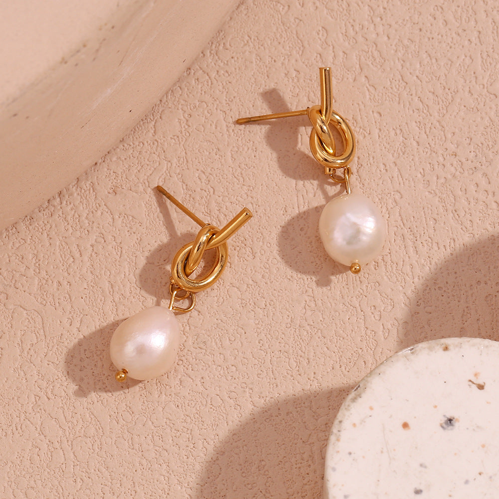 Stainless Steel 18K Gold Plating Knotted Button Freshwater Pearl Ear Studs