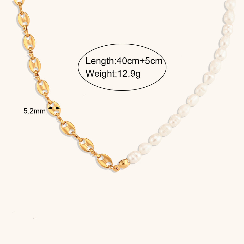 Women's Half Link/Half Pearl Stainless Steel Stitching Necklace
