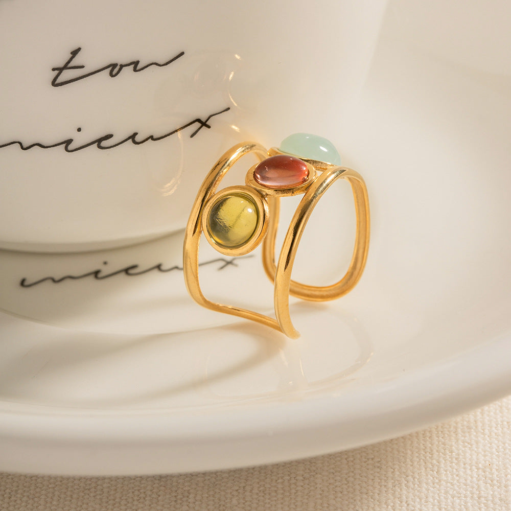 Stainless Steel Gold-plated Adjustable Tricolor Natural Stone Ring