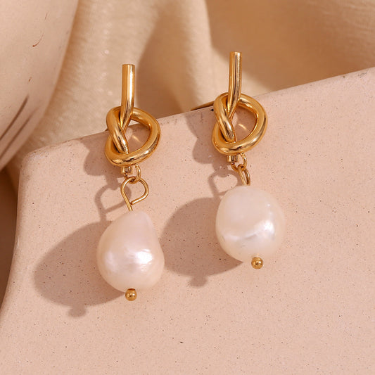 Stainless Steel 18K Gold Plating Knotted Button Freshwater Pearl Ear Studs