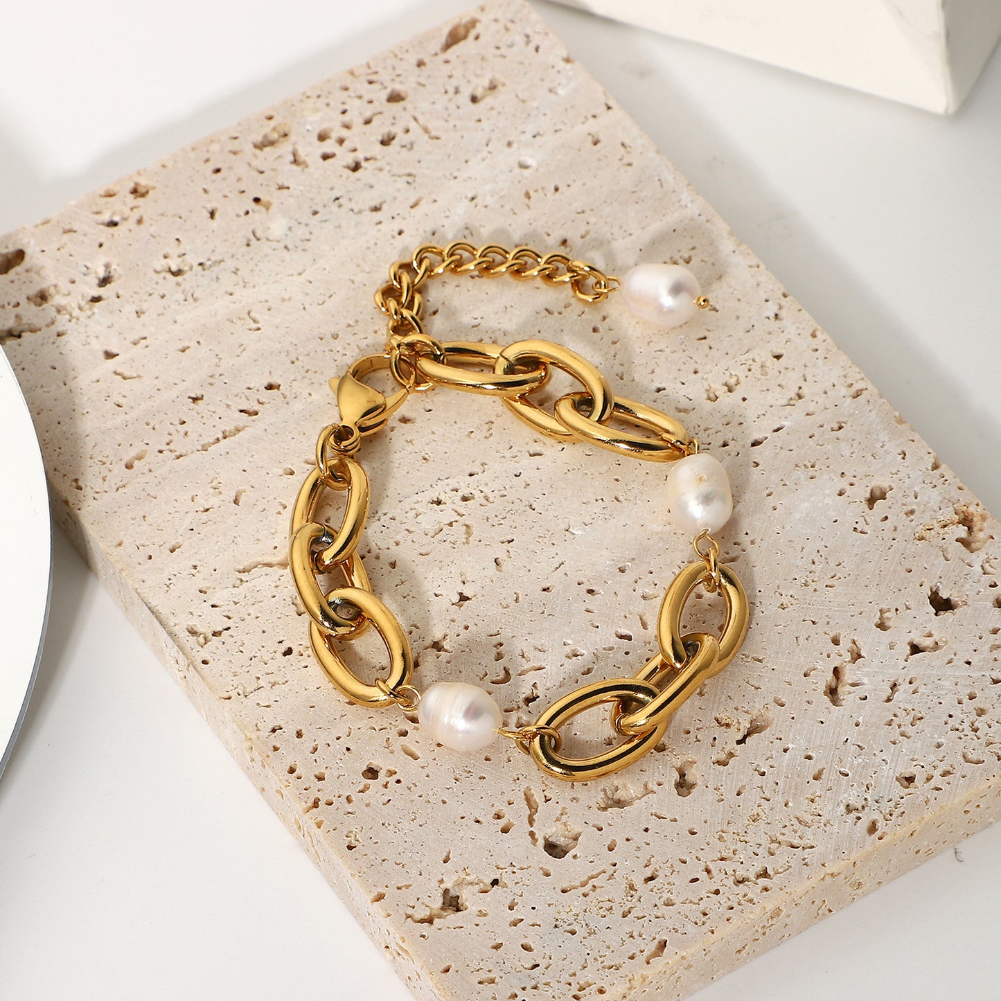 Gold Plated Stainless Steel Pearl 12mm Oval Bracelet