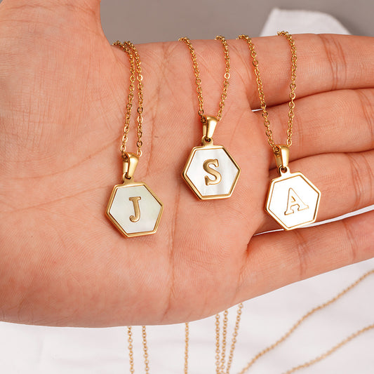 18K Gold Hexagonal Shell Letter Necklace