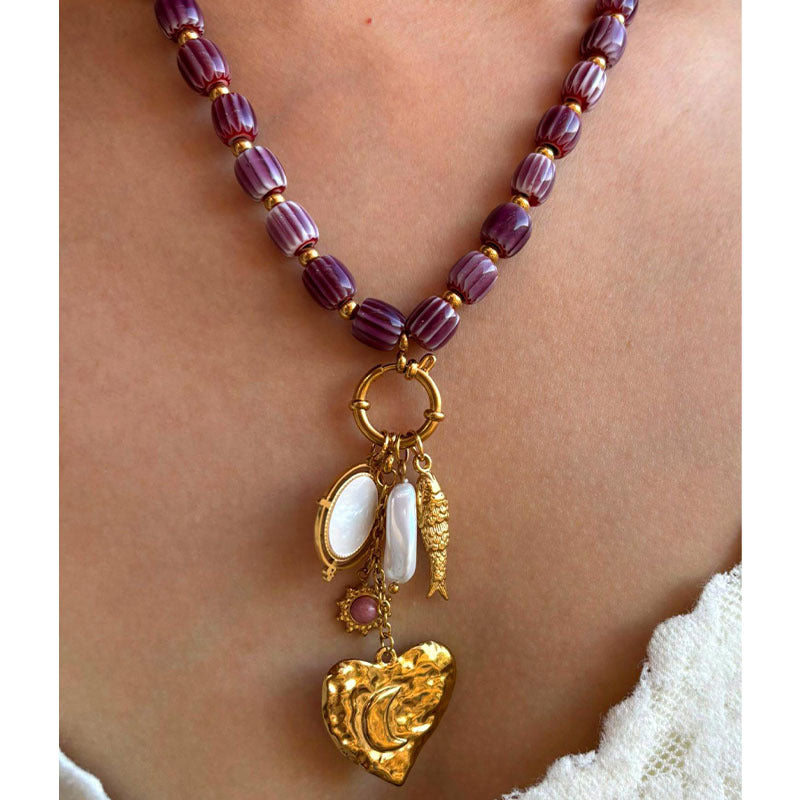 Stainless Steel Heart-shaped Small Fish White Bedo Pendant Autumn And Winter Brown Ceramic Women's Necklace