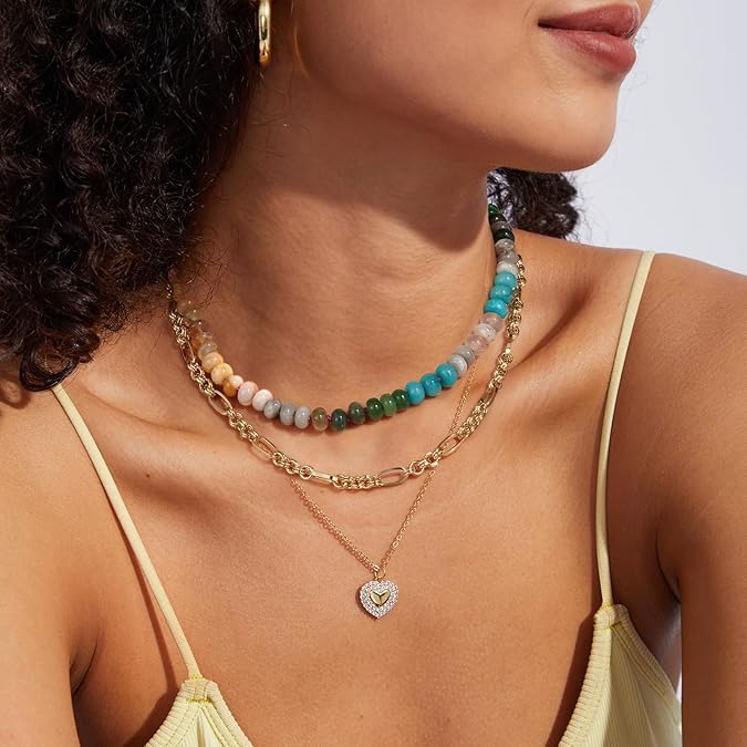 Beaded Gemstone Necklace For Women 11 Styles, Colorful Boho Bead Choker, Natural Stone Surfer Beach Necklace, 14K Gold Plated, Handmade Summer Jewelry