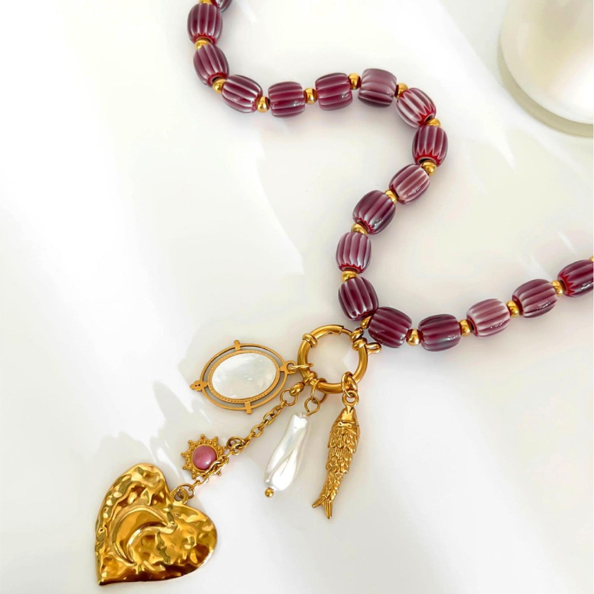 Stainless Steel Heart-shaped Small Fish White Bedo Pendant Autumn And Winter Brown Ceramic Women's Necklace