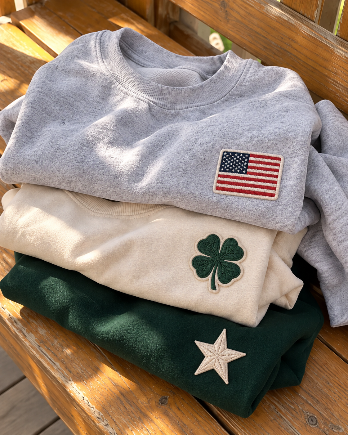 Stack of grey, cream and green patch crewnecks on a wooden bench